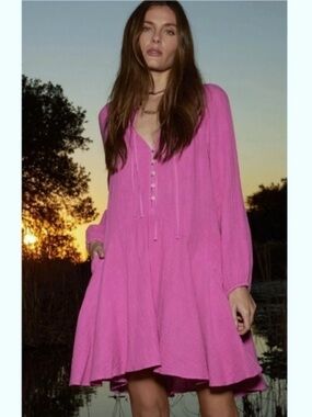 Xirena Lola Short Dress Rosebud Pink Fuschia Flowy Tent 100% Cotton Small